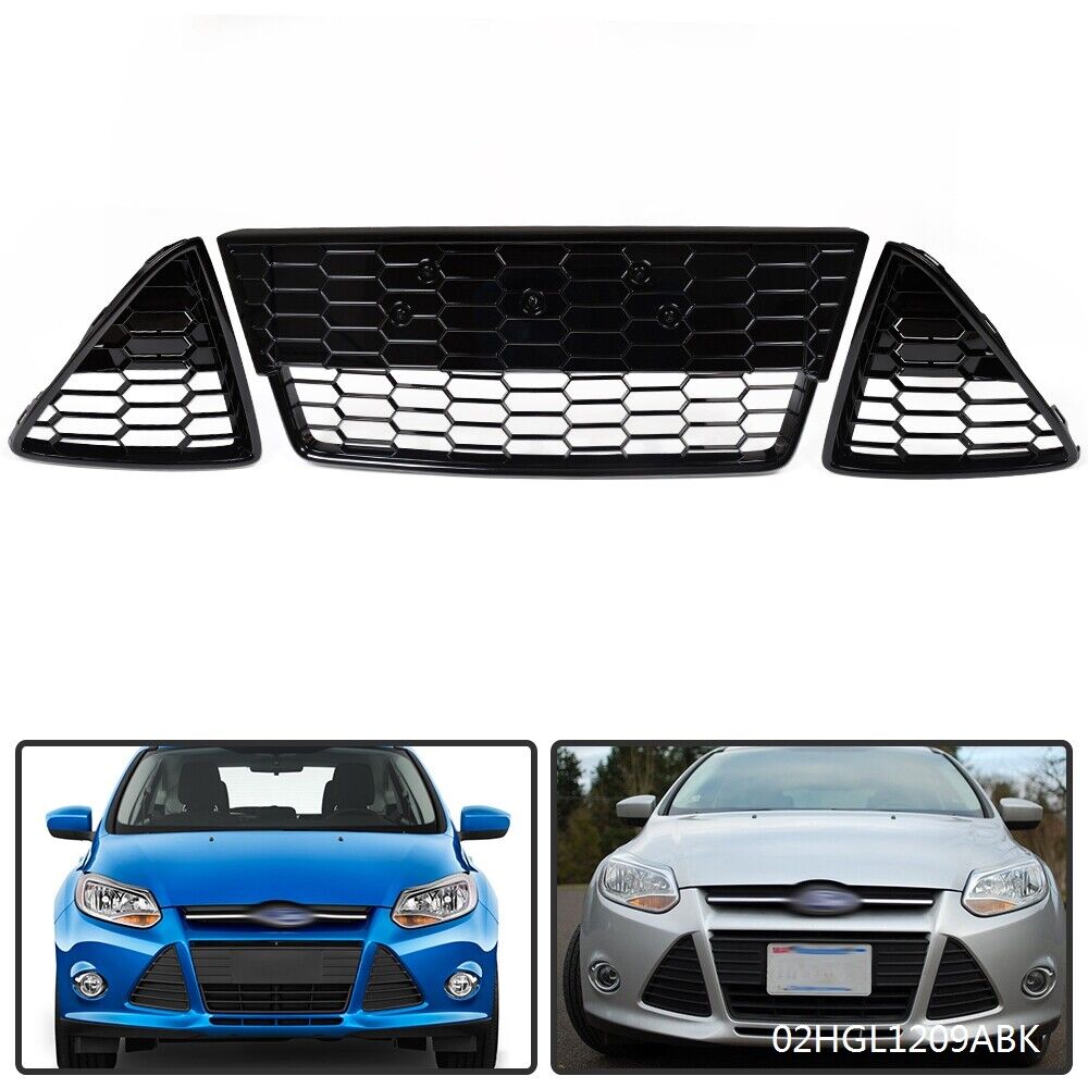 Fit For 2012 2013 2014 Ford Focus 3Pcs Honeycomb Front Bumper Lower Grille Grill