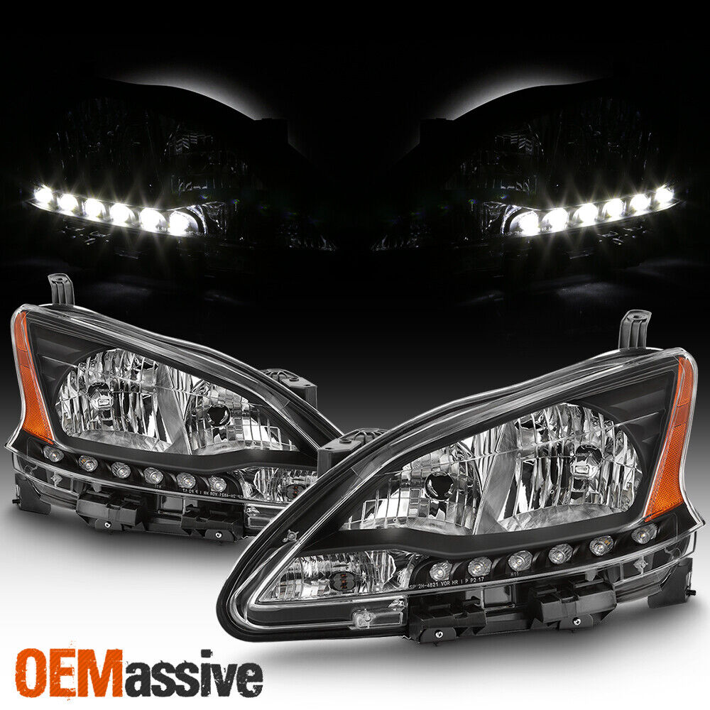 Fits 2013 2014 2015 Sentra Black LED DRL Headlights Complete Replacement Set