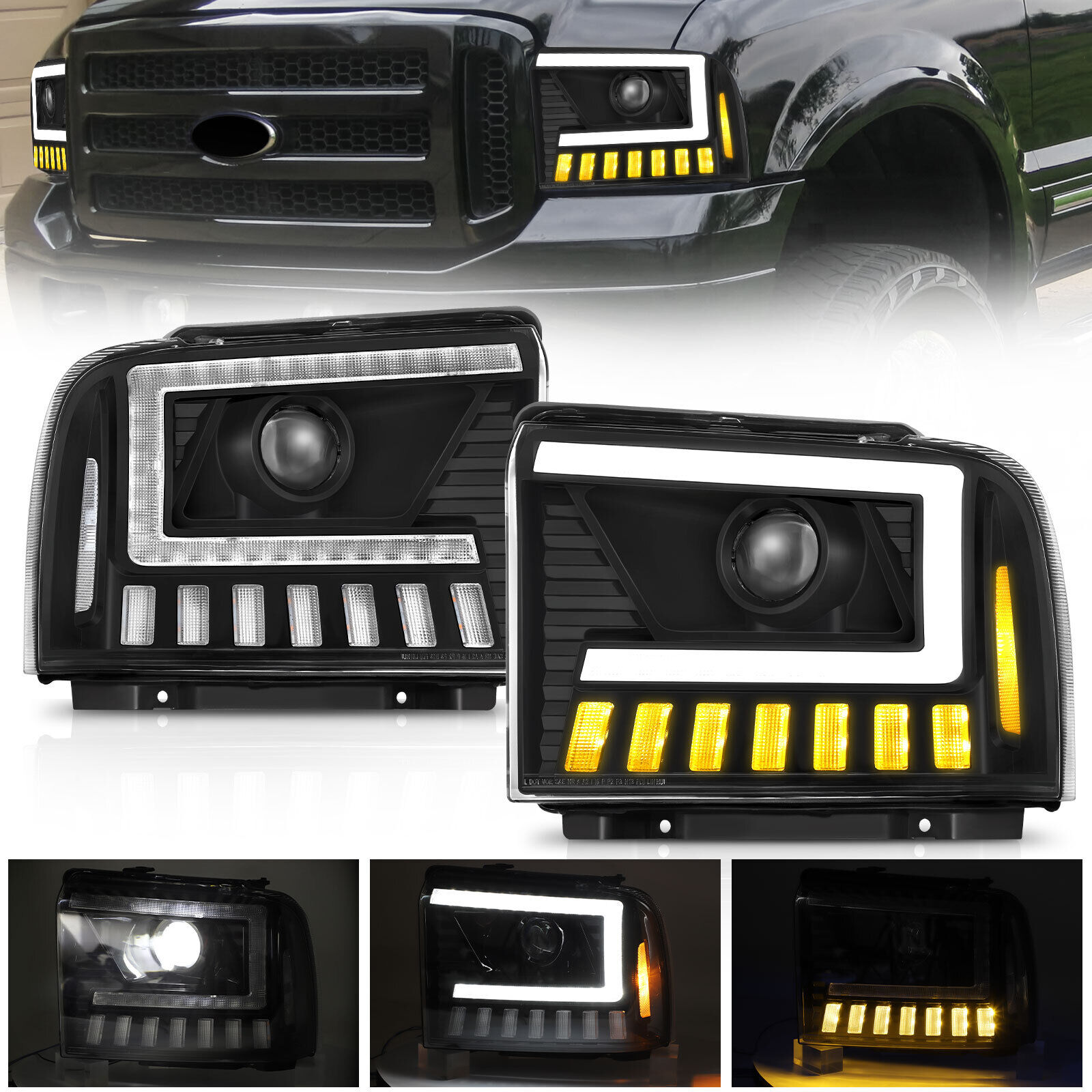 LED DRL Sequential Headlights For 2005-07 Ford F250 F350 F450 F550 SuperDuty L+R