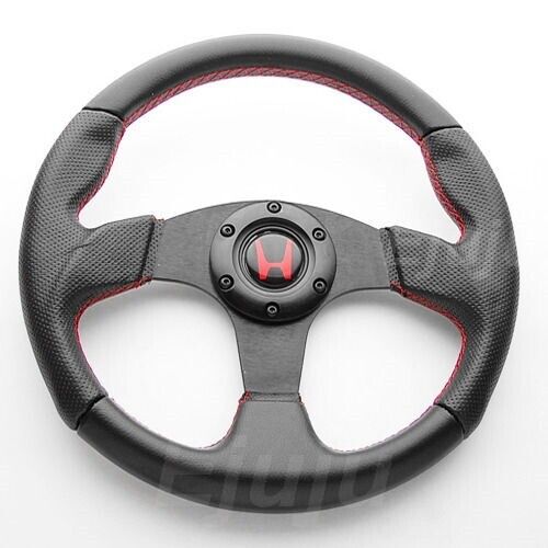 Perforated Finger Grip Black w/ Red Seam Steering Wheel w/ Horn For Honda Acura