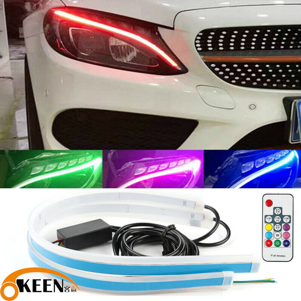 2x 60cm RGB LED Car Flexible Tube Strip DRL Daytime Runnning Light Headlight