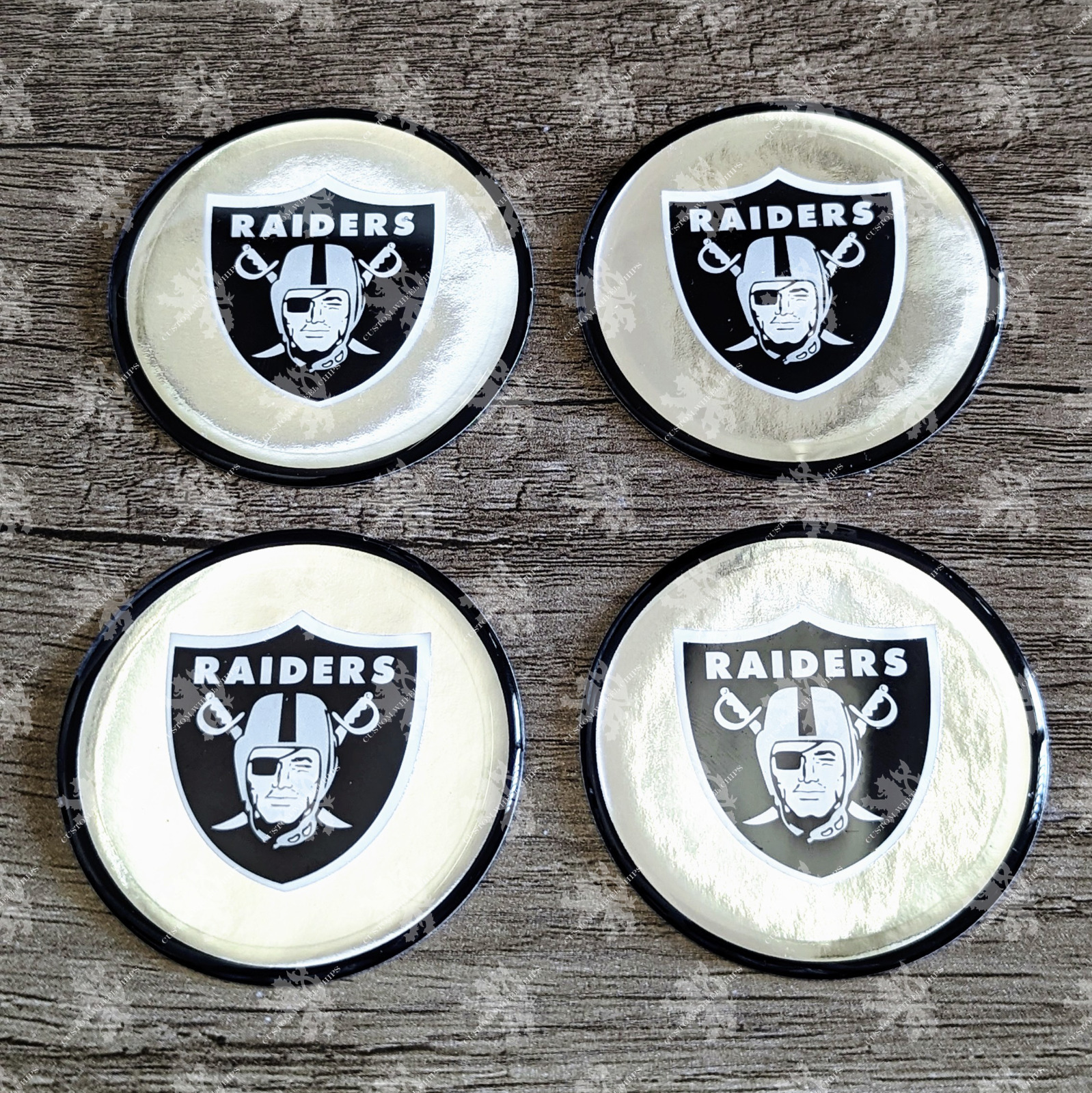 Black Silver Chrome Raiders Oakland Las Vegas Wheel Chips Set of 4 Size 2.25 in