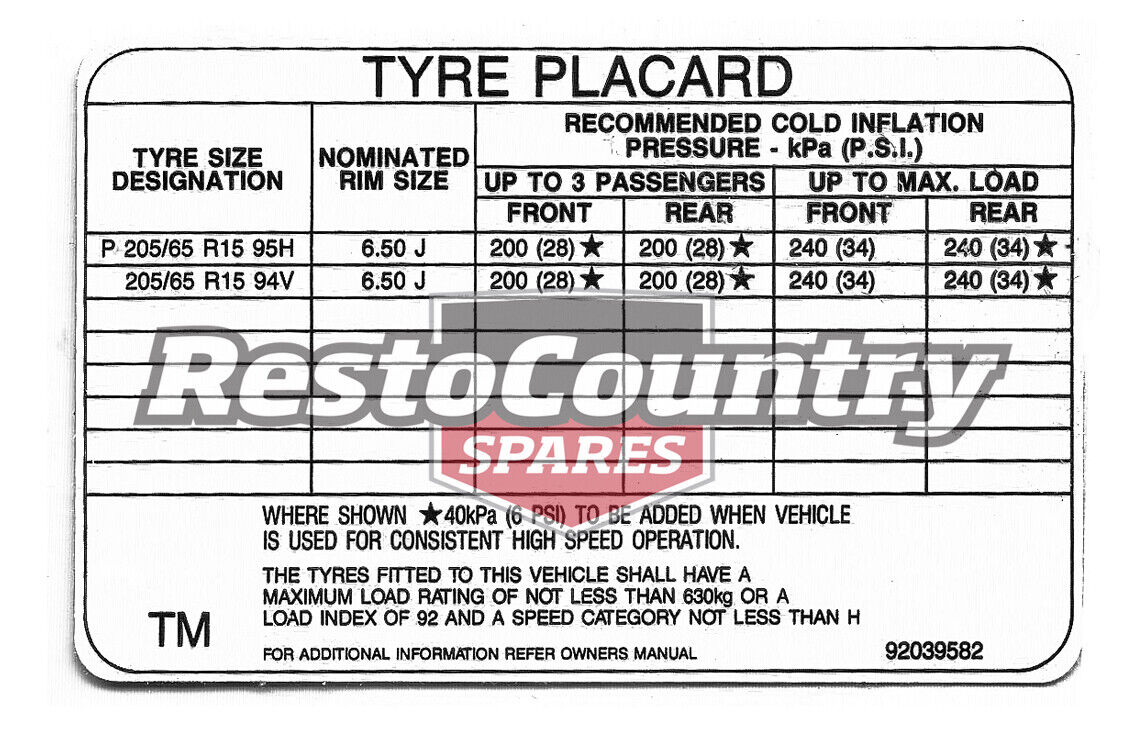 Holden Commodore Tyre Placard Decal VP VR VS tire wheel rim sticker 
