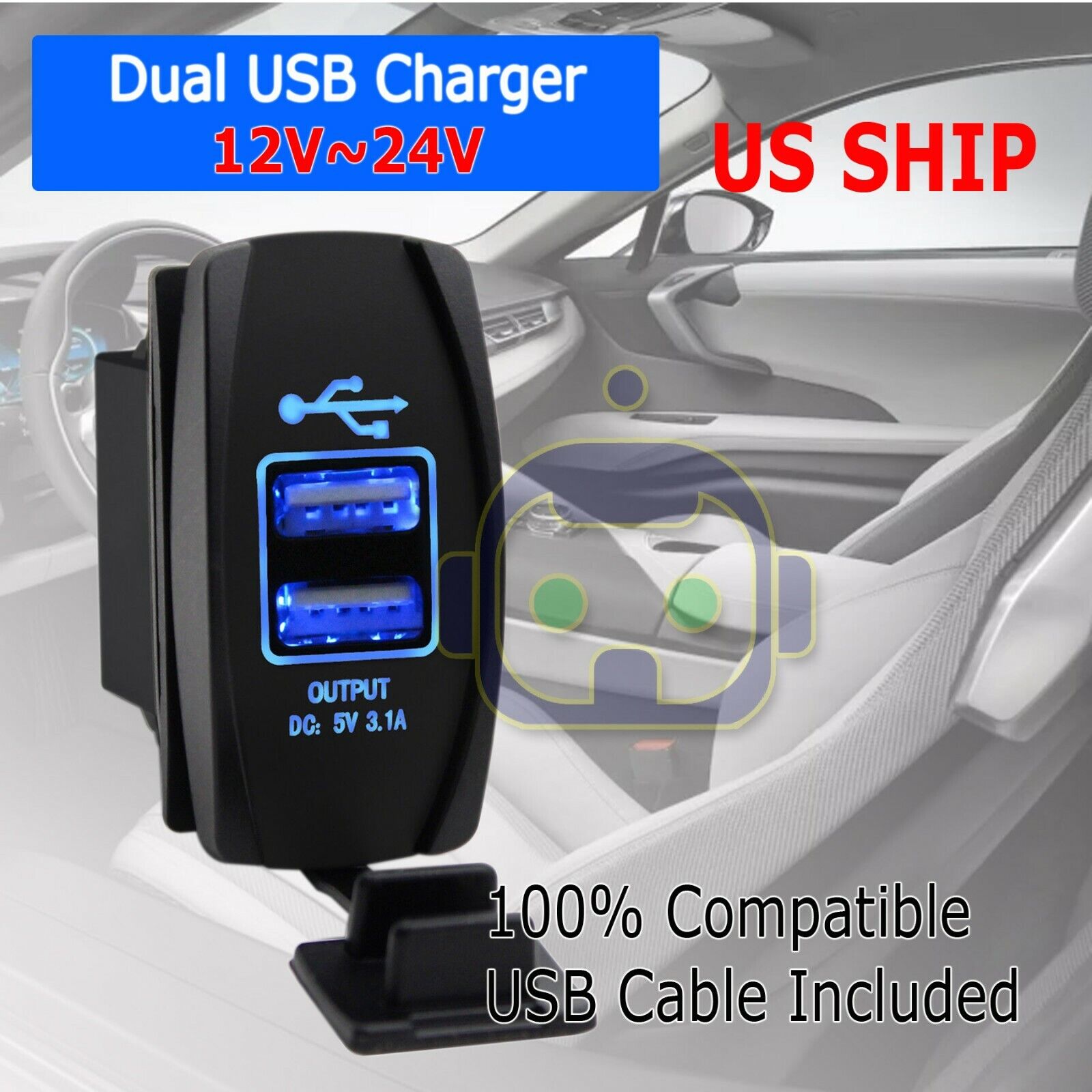 Dual USB Power Charger Carling ARB Rocker Switch Blue LED Light Car Boat 12V 24V