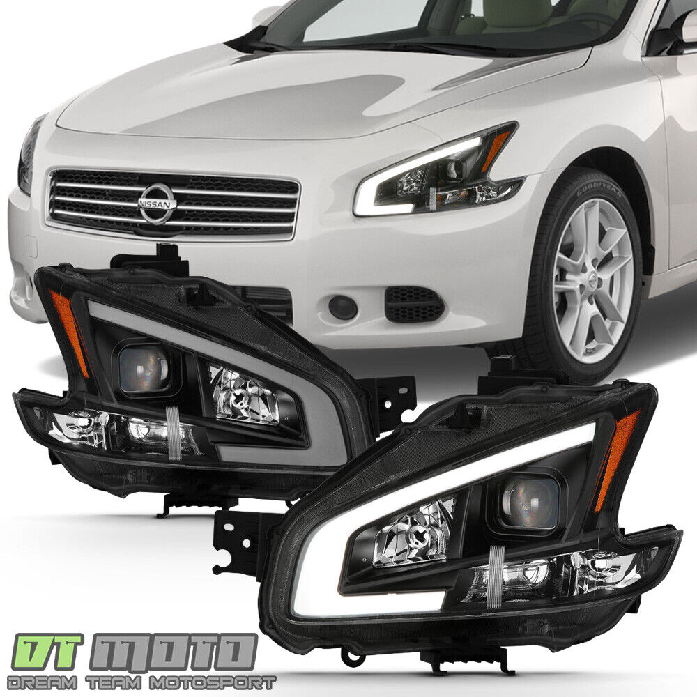 Black For 2009-2014 Maxima Square Projector Headlights w/DRL LED Light Tube sets