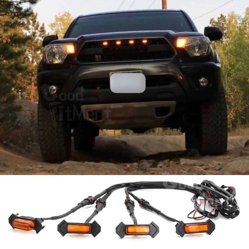 For Toyota Tacoma 4pcs Smoked Lens Front Grille Amber LEDs Lights Raptor Style