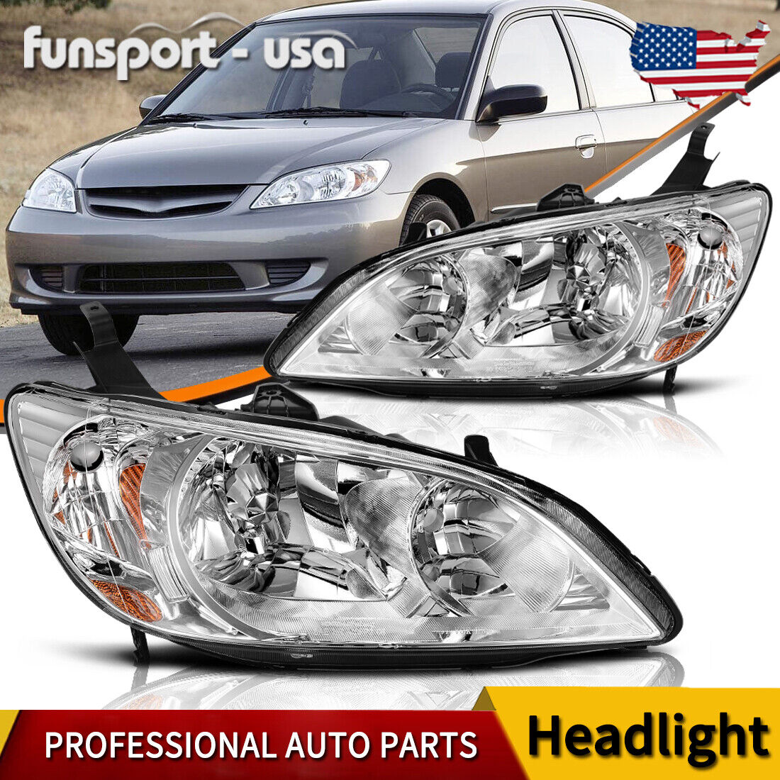 Chrome Headlights Amber Corner Lamps Pair for 2004-2005 Honda Civic 2/4 Door