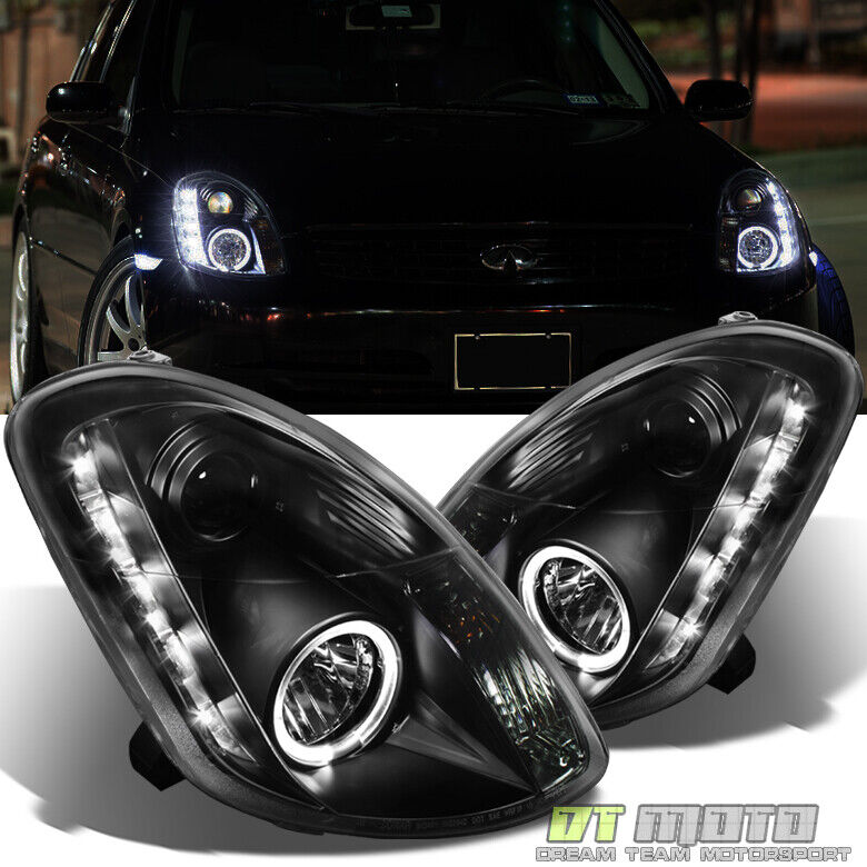 Black For 2003-2004 G35 G35X Sedan LED DRL Halo Projector Headlights Headlamps