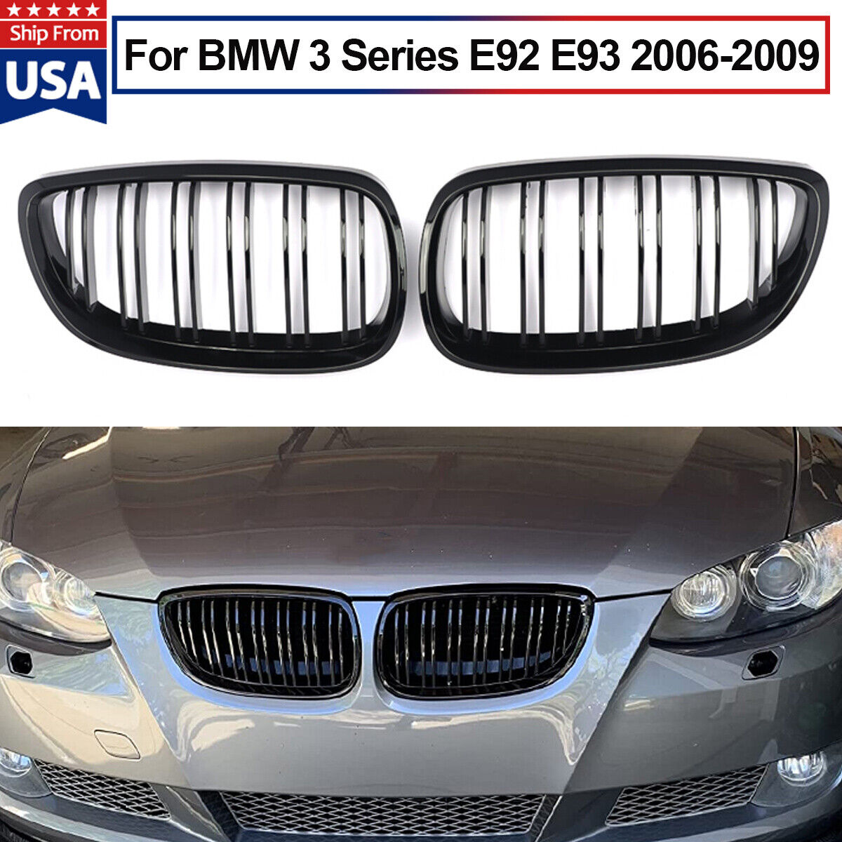 For BMW E92 E93 M3 328i 335i Coupe Pre-LCI Front Kidney Grill Grille Gloss Black