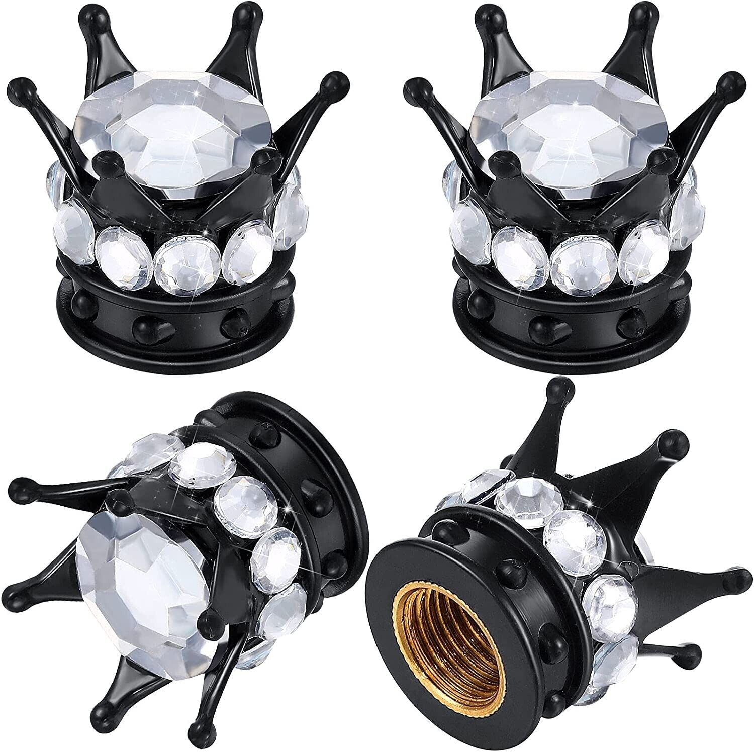 Black White Rhinestone Crystal Crown Tire Valve Stem Caps Covers Fits Universala