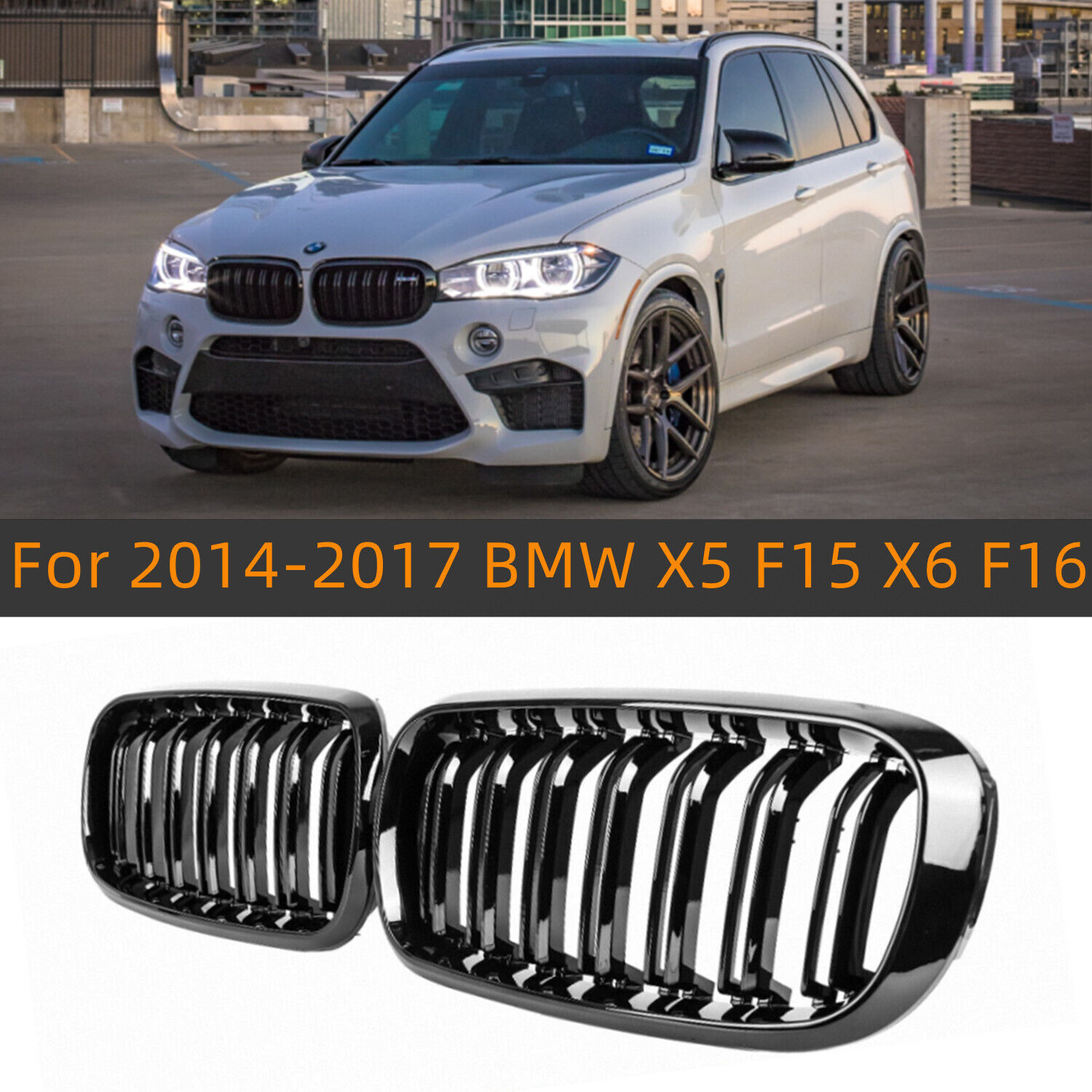 Gloss Black For 2014-2018 BMW X5 X6 F15 F16 Front Bumper Kidney Grille Grill