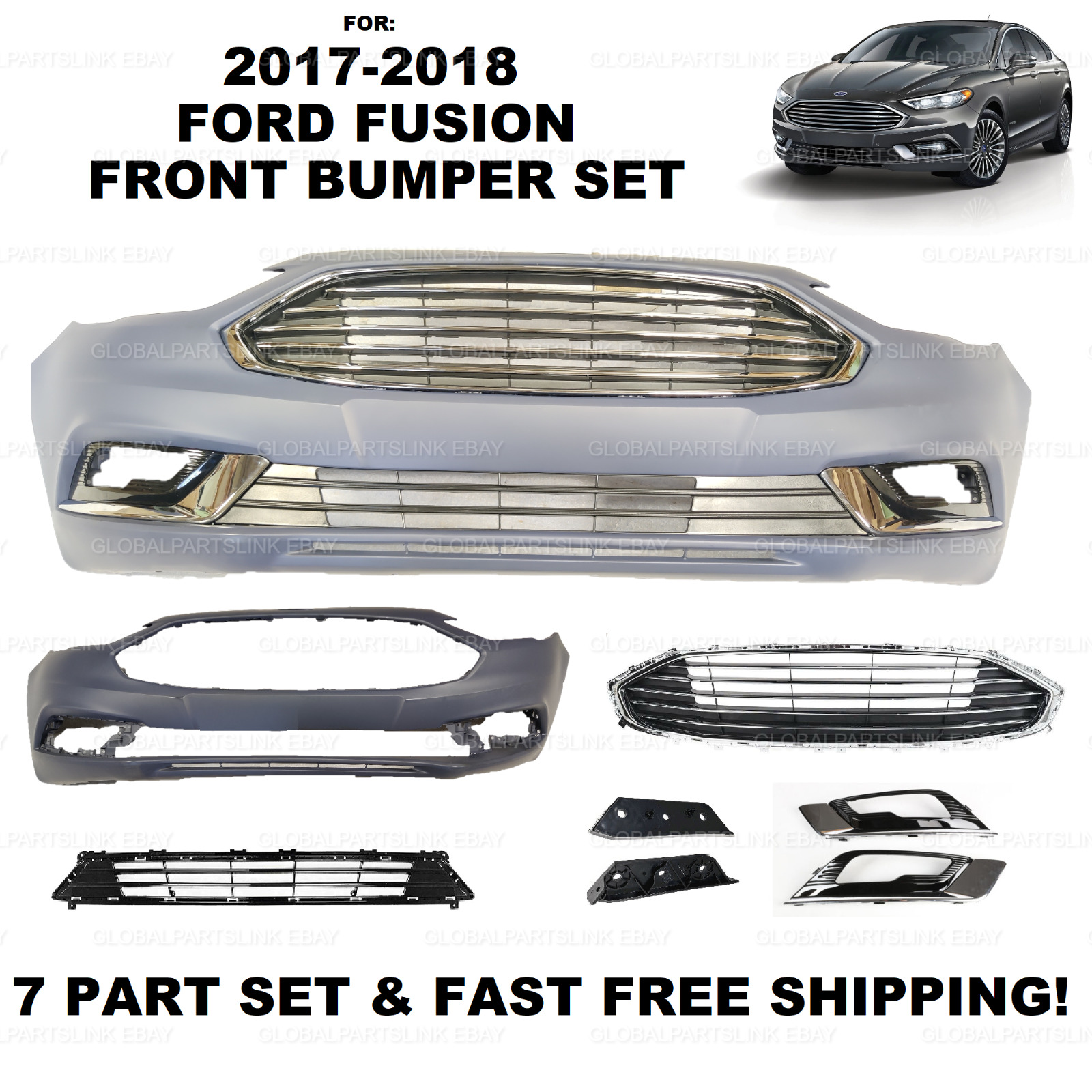 FOR 2017 2018 FORD FUSION FRONT BUMPER COVER ASSEMBLY TITANIUM FOG TRIM