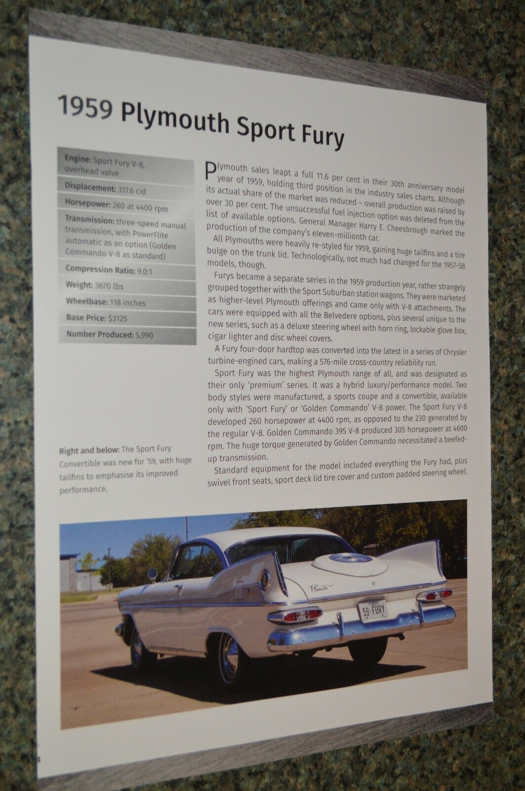 ★★1959 PLYMOUTH SPORT FURY INFO SPEC SHEET PHOTO FEATURE PRINT 59 318★★