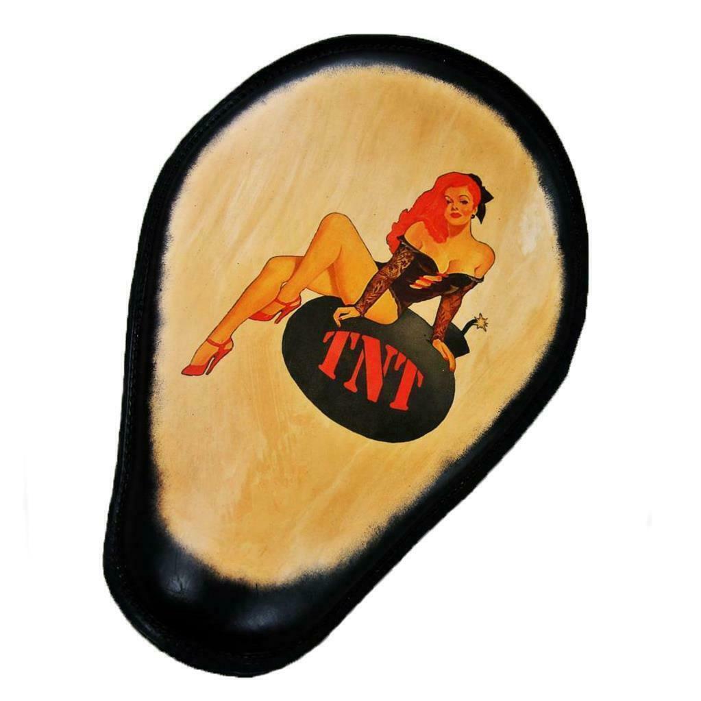 TNT Pin Up Tattoo Spring Seat Black Frame Leather Chopper Harley Sportster