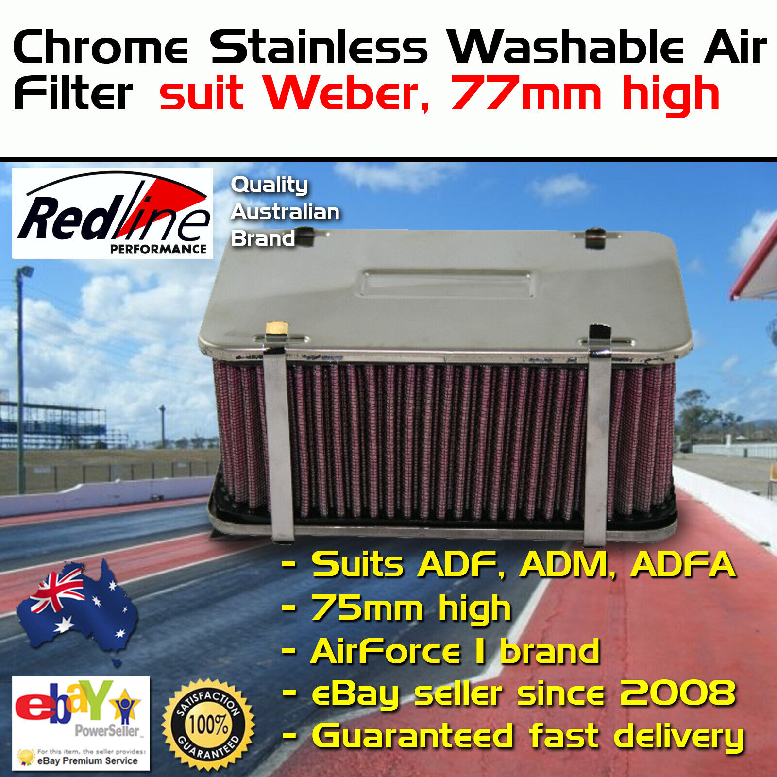 New Redline Washable Air Filter Cleaner 75mm High Rectangular Fits ADF ADM Weber