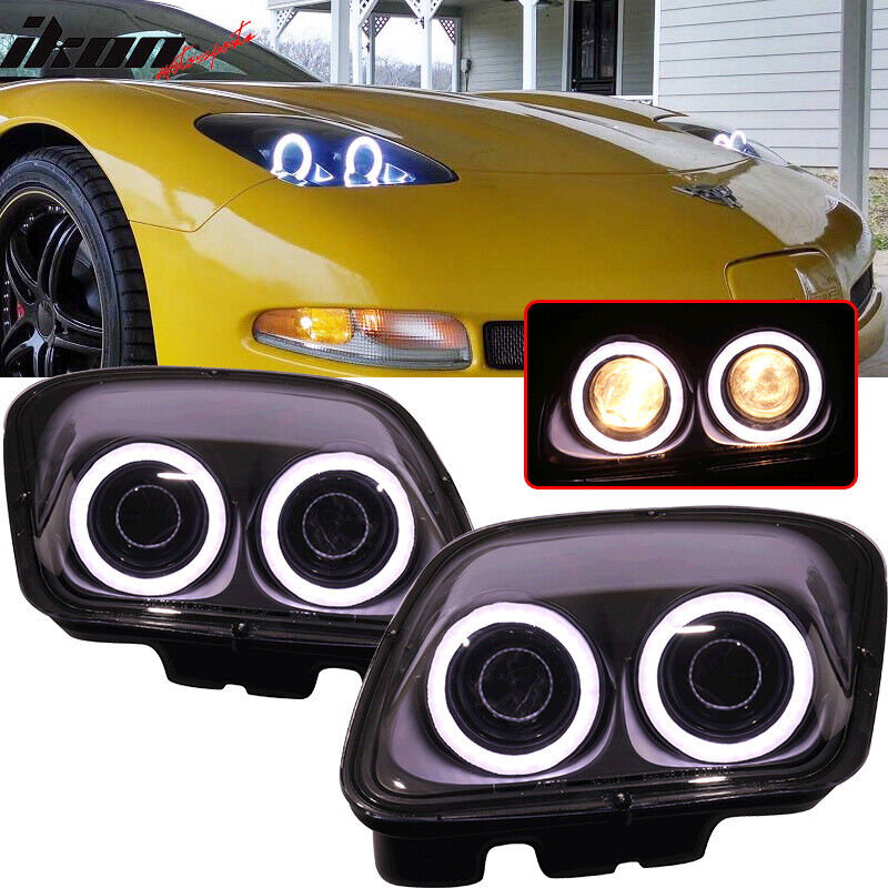Fits 97-04 Chevy Corvette C5 Headlights Projector Lamp Black Dual LED Halo Rims