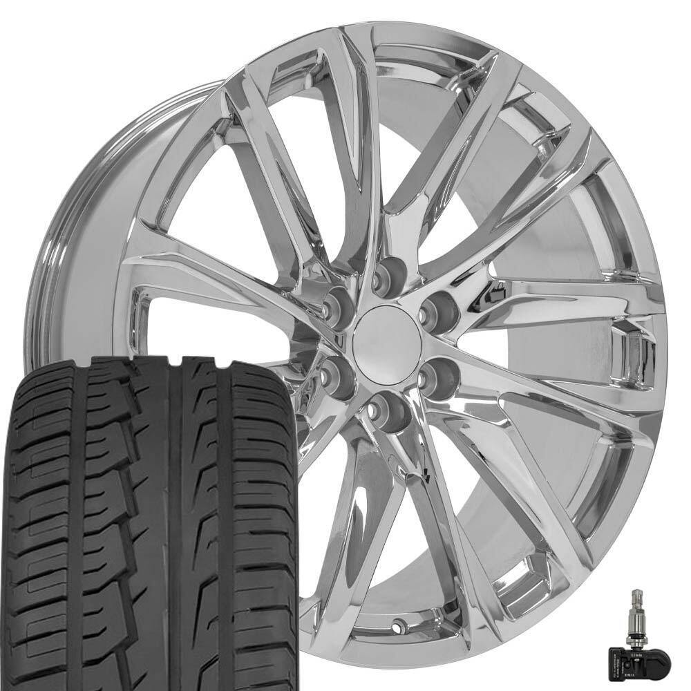 24x10 Chrome 4875 Wheels 305/35r24 Tires TPMS SET Fits Escalade Sierra Yukon