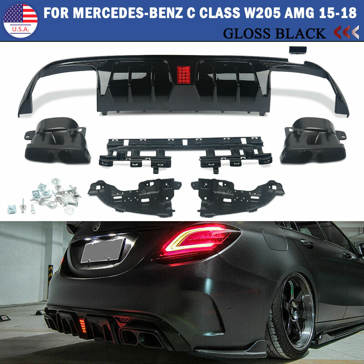 For 15-21 Benz W205 C63 C43 AMG Sport Sedan Rear Bumper Diffuser Lip+Exhaust Tip