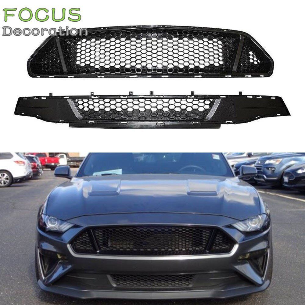 Fit For 2018 2019 Ford Mustang Front Bumper Upper Lower Grille Black Trim Grill