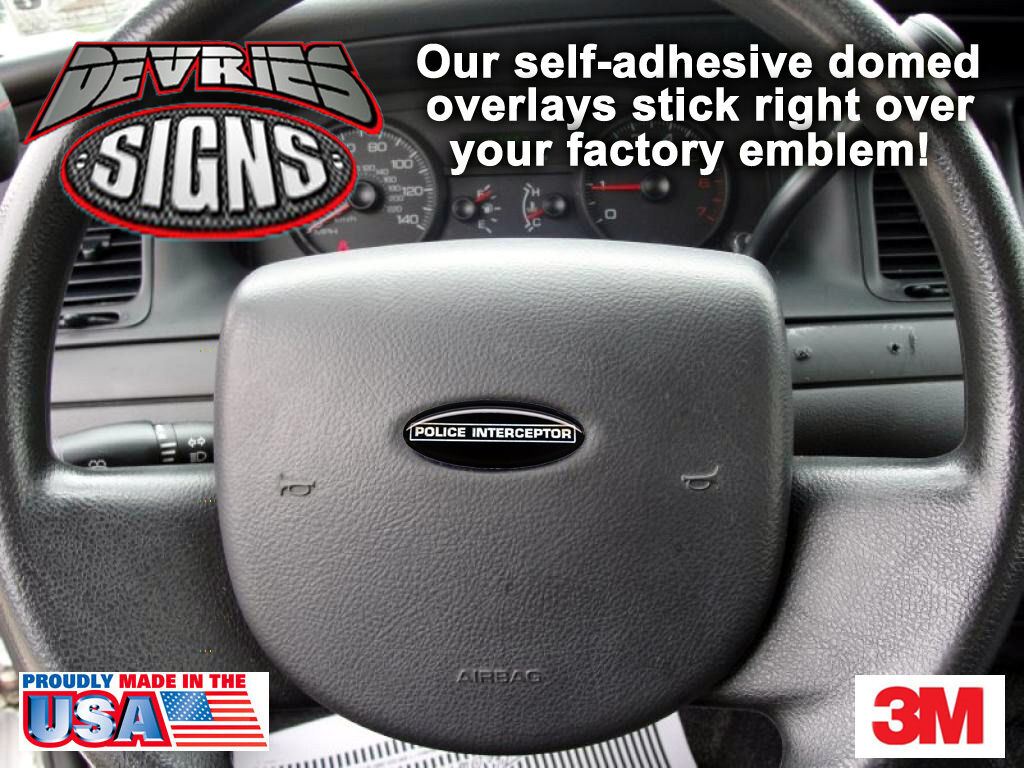 (2) DOMED Ford Crown Victoria POLICE INTERCEPTOR steering wheel emblem overlays