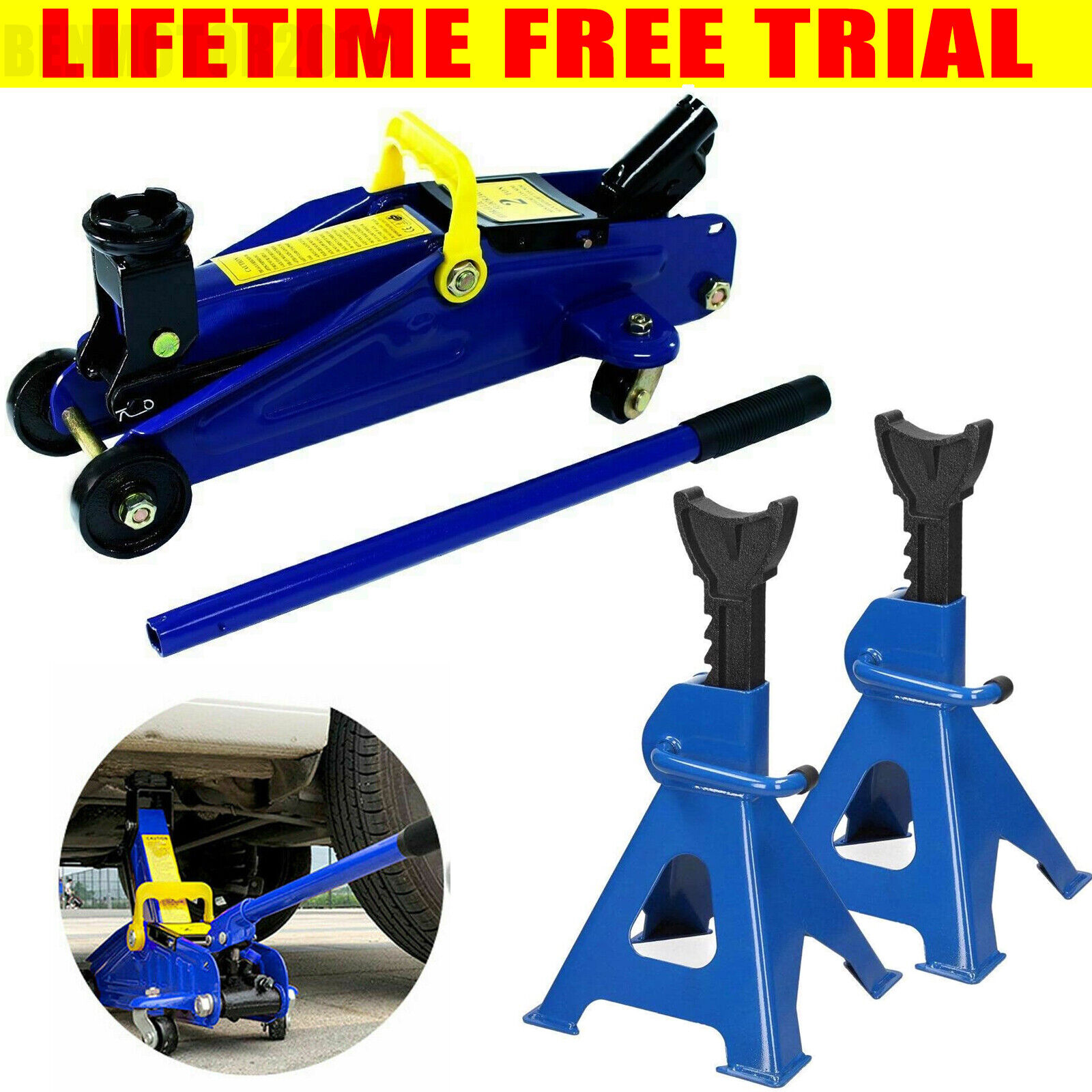 Hydraulic Trolley Jack 2T 2000kg Quick Lifting + 3T Car Jack Stand Repair Tool 