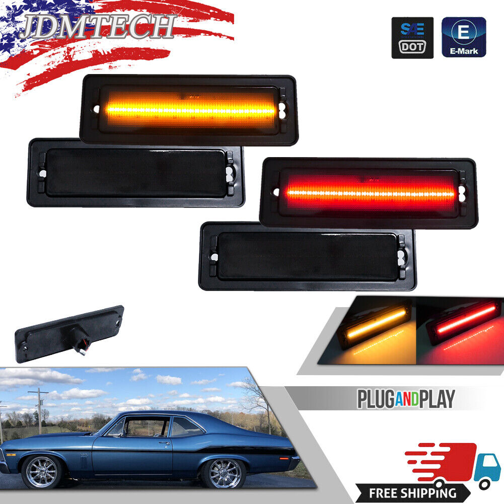 4X Smoked Front Amber Rear Red LEDs Side Marker Lights For 1970-1974 Chevy Nova