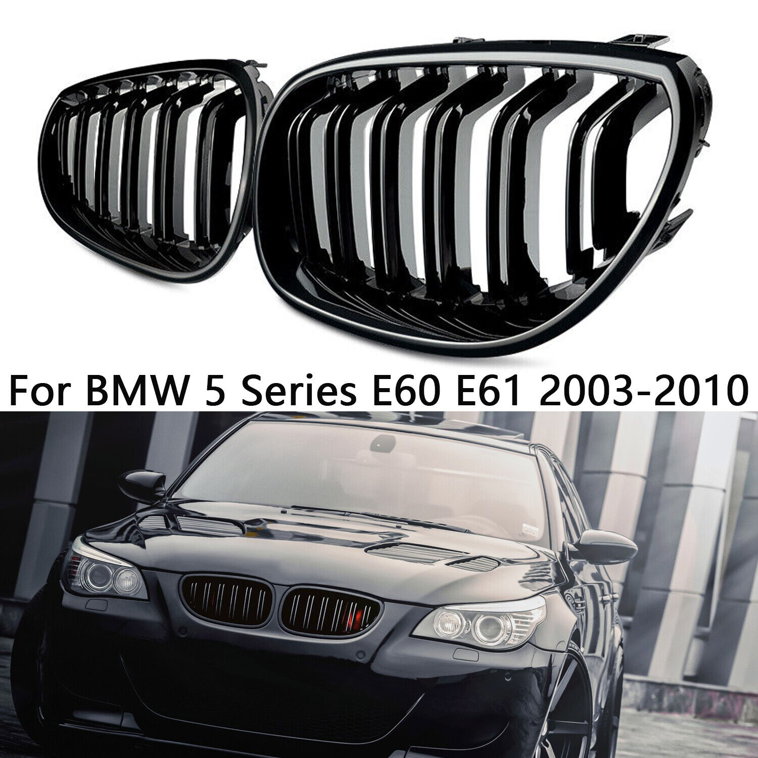 Front Grill For BMW E60 E61 M5 2003-2010 4DR Grille Gloss Black Dual Slats