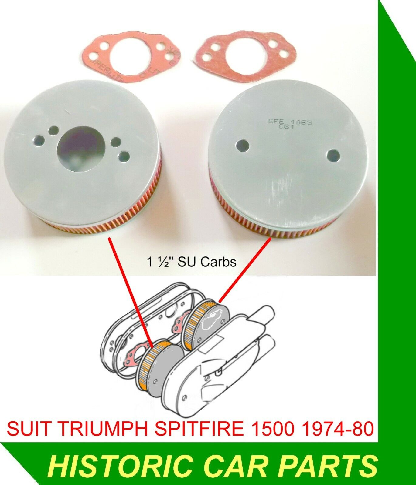 2 x 1½” SU HS4 Carbs Air Filters +Gaskets for Triumph Spitfire 1500 1974-80