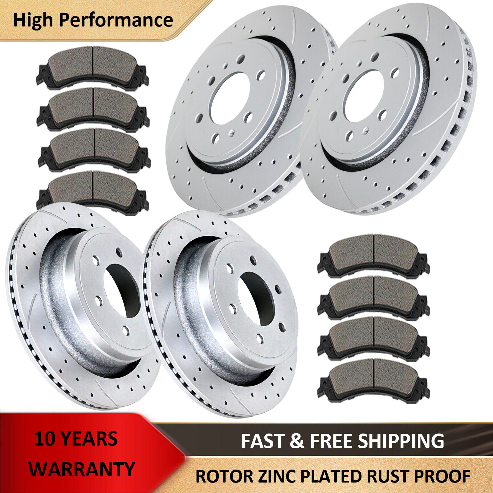 Front Rear Drilled Slotted Brake Rotors and Brake Pads Brakes Kit for Ford F-150
