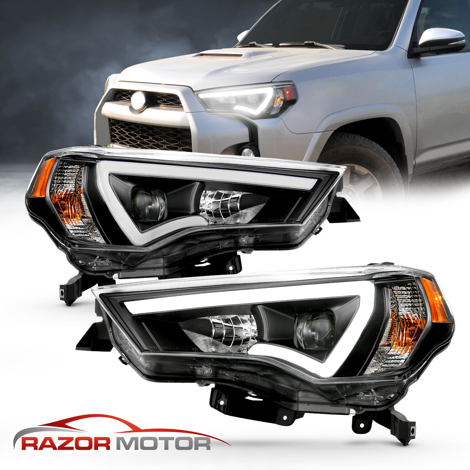2014-2022 LED Running Light Black Projector Headlights Pair For Toyota 4Runner