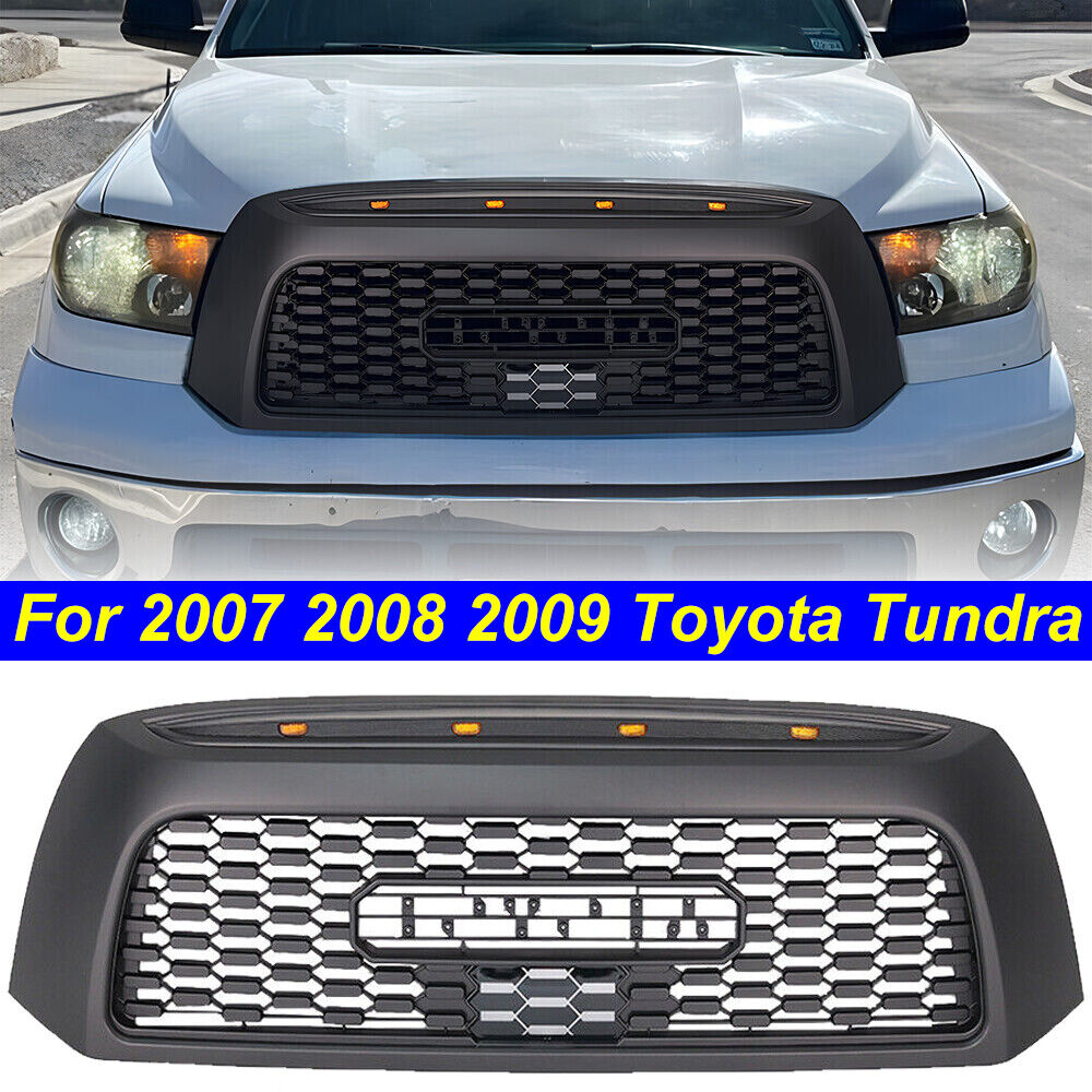 Grille For 2007-2009 Toyota Tundra Honeycomb Grill Matte Black W/LEDs W/Letters