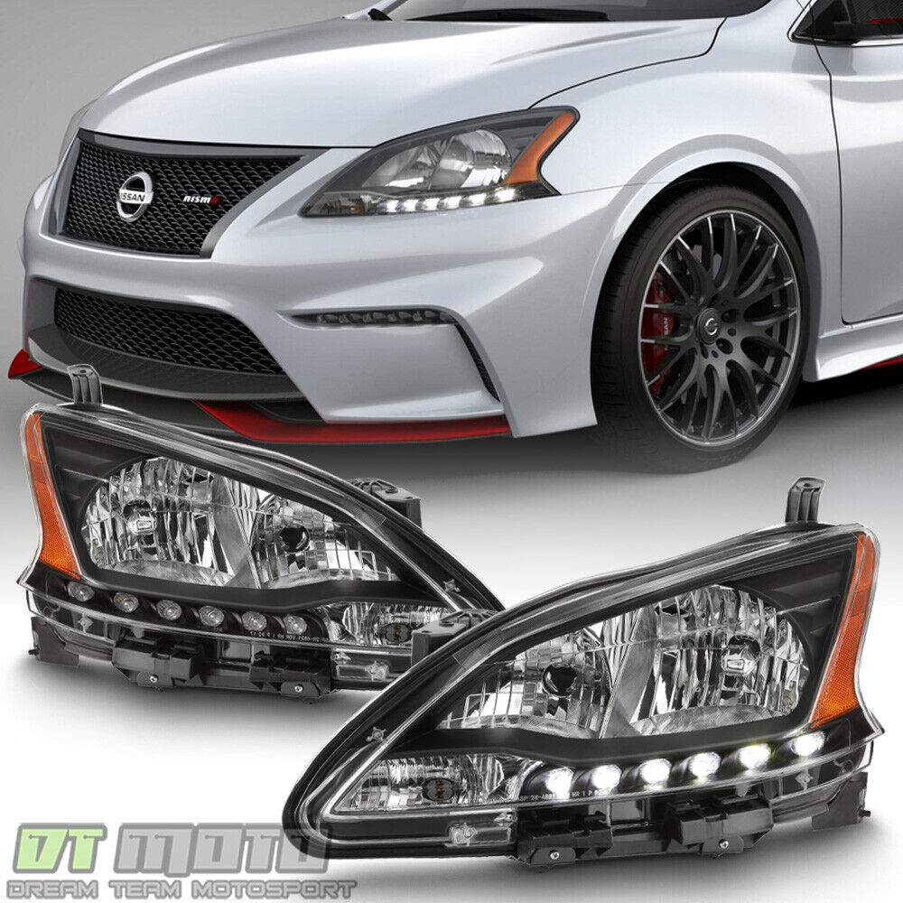 JDM Black Headlights For 2013 2014 2015 Nissan Sentra Halogen LED DRL Left+Right