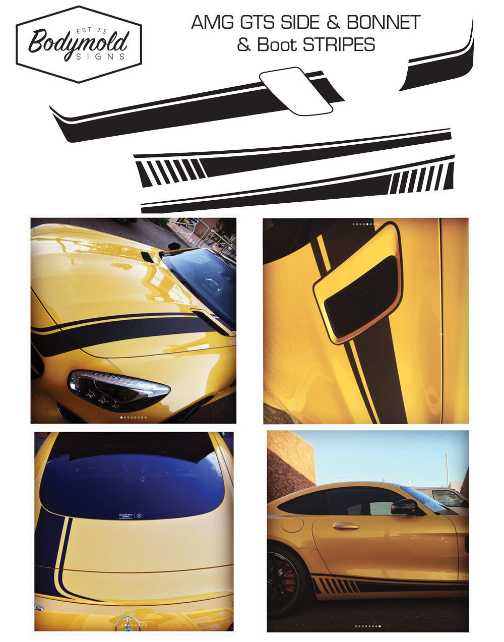 Mercedes AMG GTS Custom Bonnet and Boot decal set with side stripes 