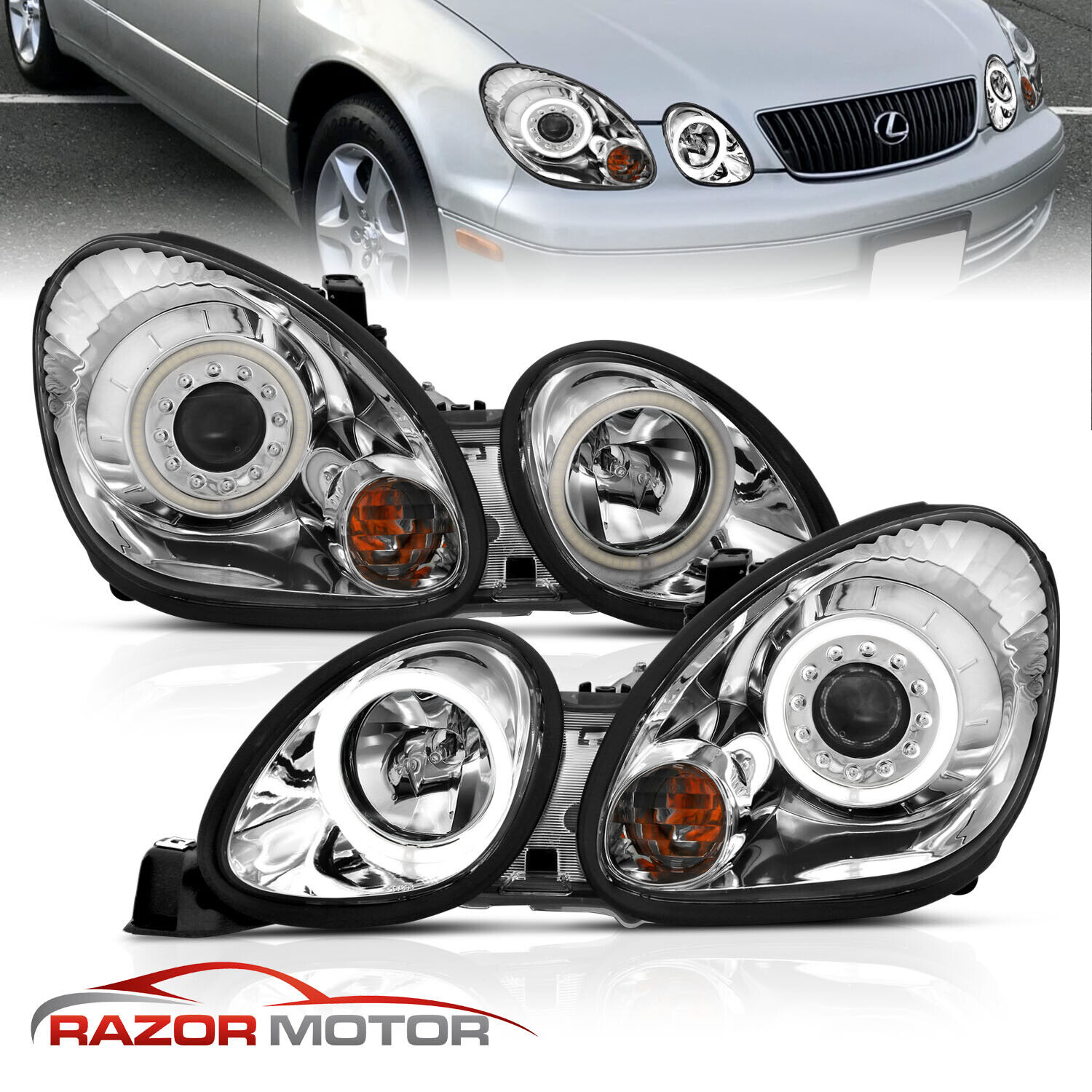 [LED Halo]For 98-05 Lexus GS Sedan GS300/GS400 Projector Chrome Headlights