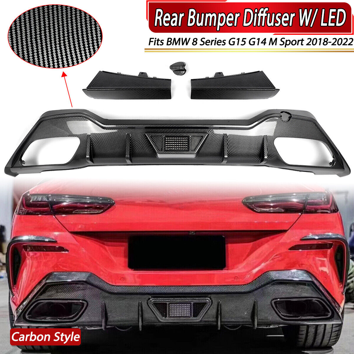Carbon Look Rear Diffuser W/ LED For BMW M850i 840i G15 G14 Cabrio M Sport 2018+