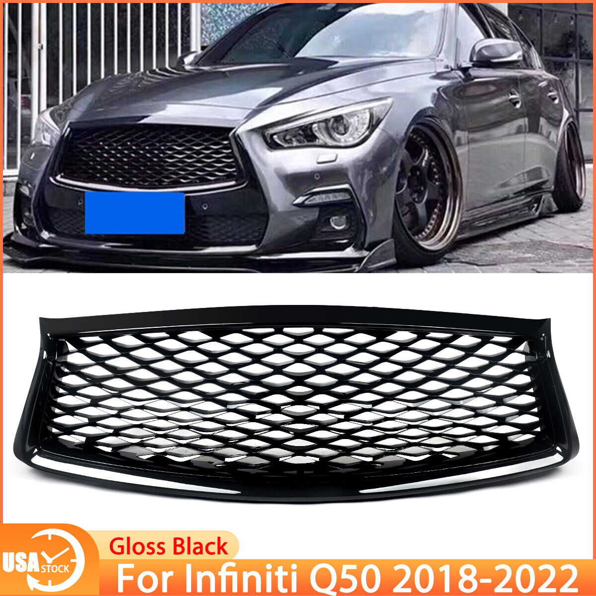 For Infiniti Q50 2018-2022 Glossy Black Front Bumper Upper Mesh Grille Grill