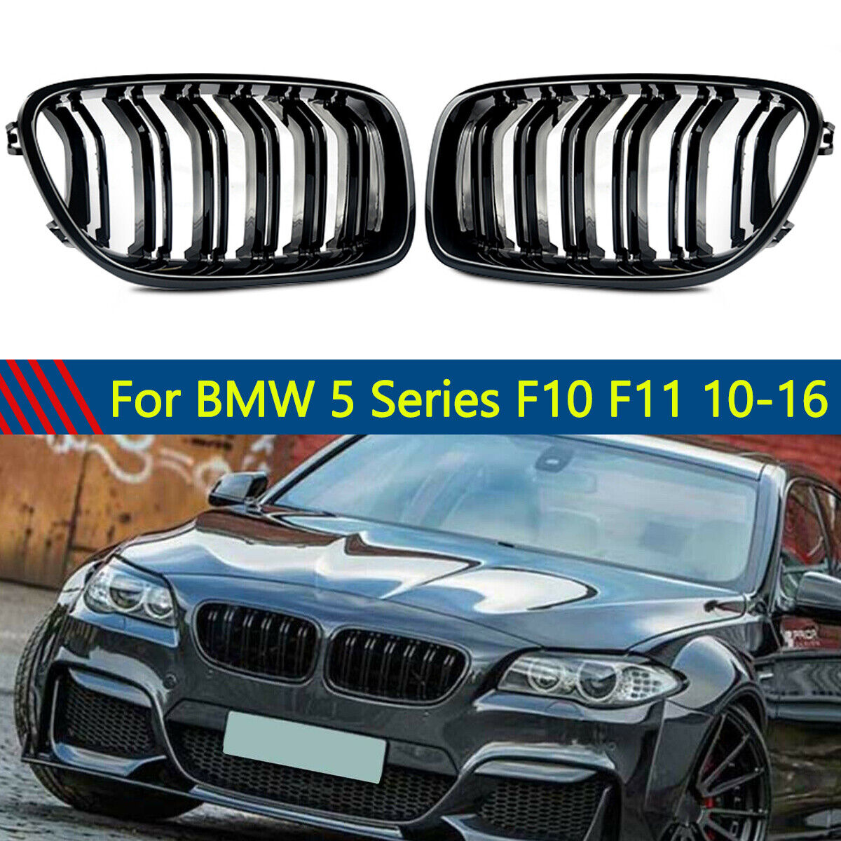 For 10-16 BMW F10 M5 style 535i 550i 528i Front Hood Kidney Grille Gloss Black