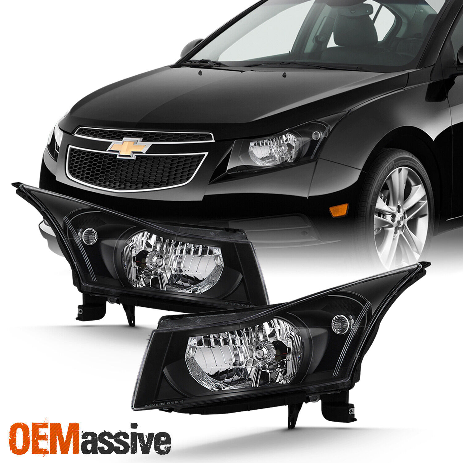 For 2011-2015 Chevy Cruze Sedan [Halogen Type] Black Headlights Pair Left+Right