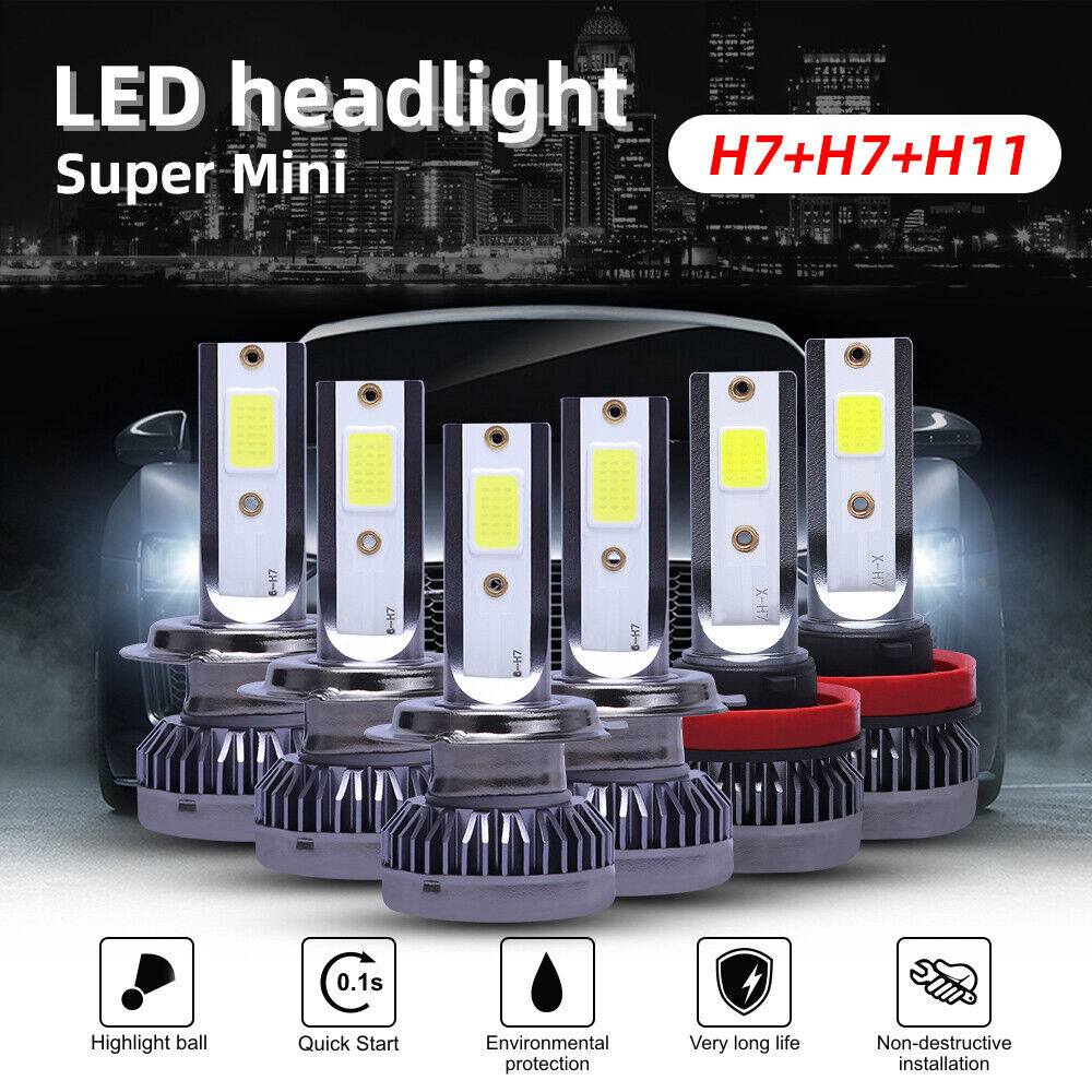 H7+H7+H11 Combo Mini LED Headlight Bulb Hi/Lo Beam Fog Light 90000LM 6000K Lamp