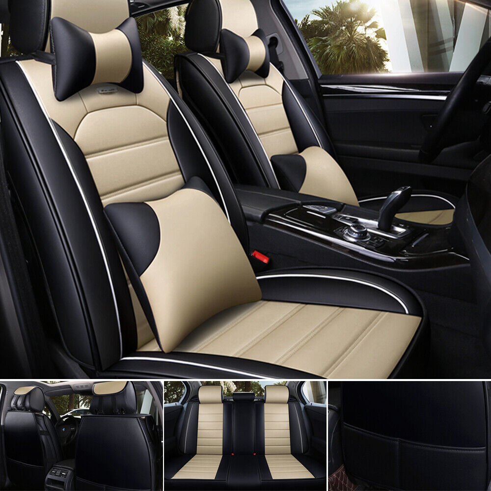 Leather Full Set Auto Car Seat Cover Front Rear Back Cushion Cover Universal Fit