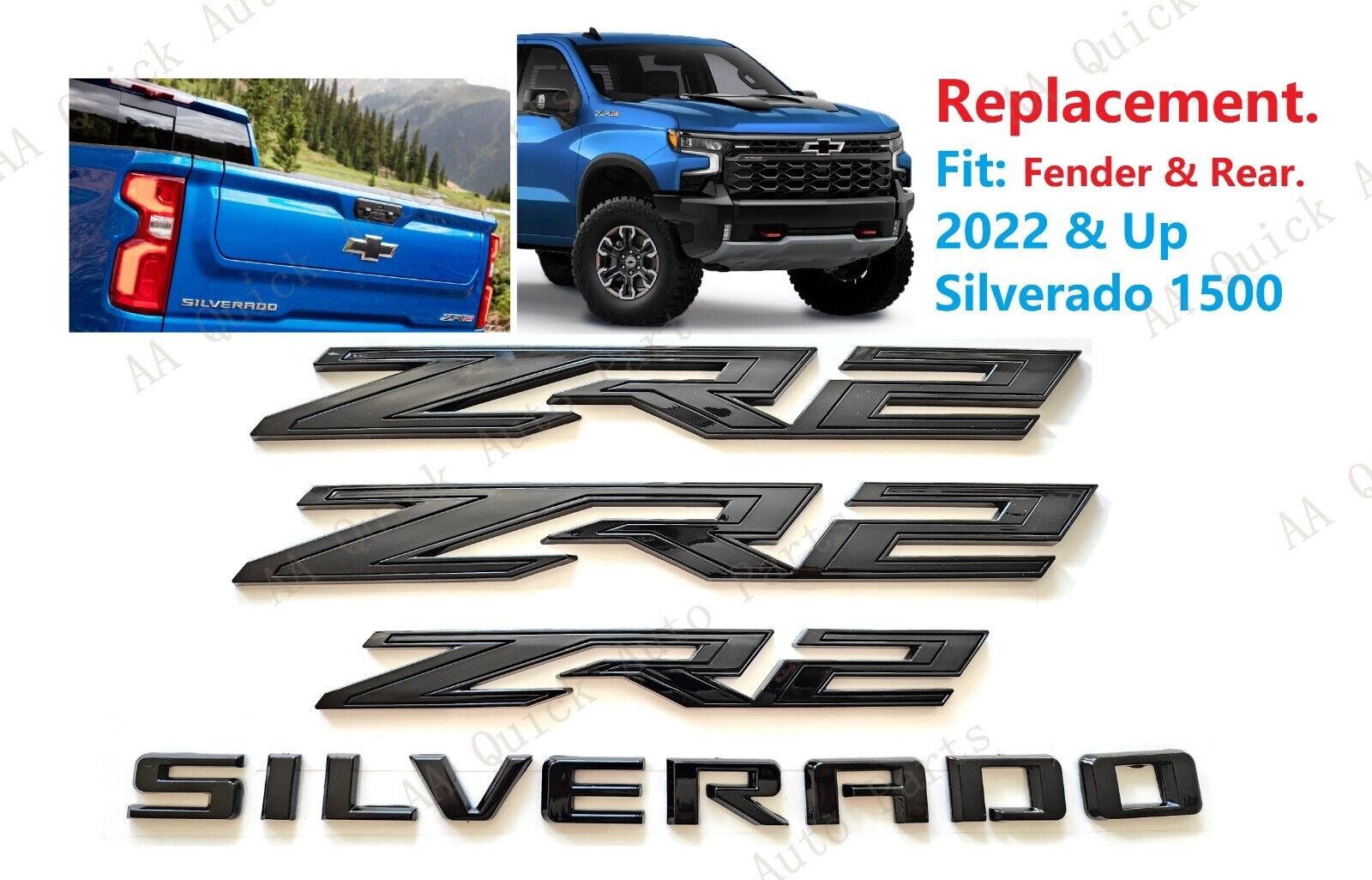 4PCS Kit Gloss Black Fender Rear ZR2 Silverado Emblems Badge 2022+Silverado 1500