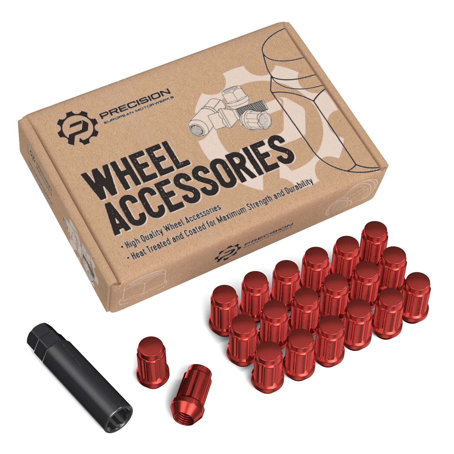 20pc 12x1.5 Lug Nuts with Key | Cone Seat | Long Closed End | Red Steel Spline