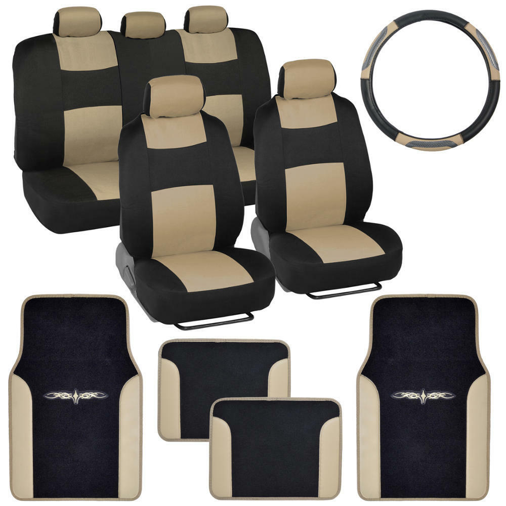 14Pc Car Seat Covers Set Full Bench Black & Beige w/ PU Leather Carpet Floor Mat