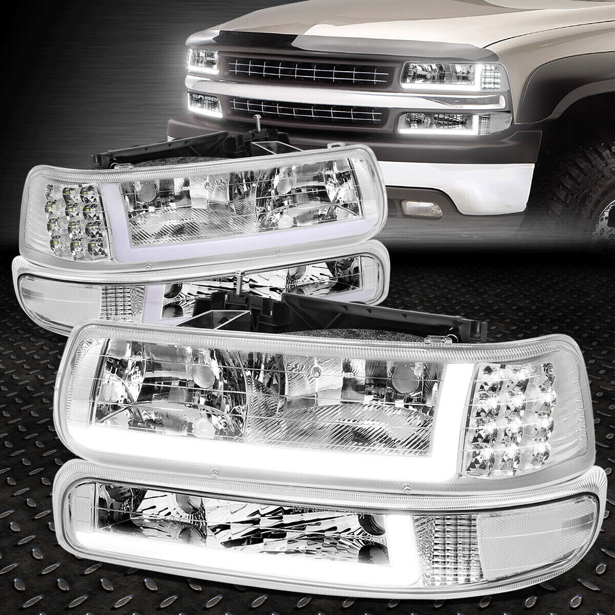 [LED DRL]For 99-02 Chevy Silverado 1500 2500 HD Headlight+Bumper Lamps Chrome
