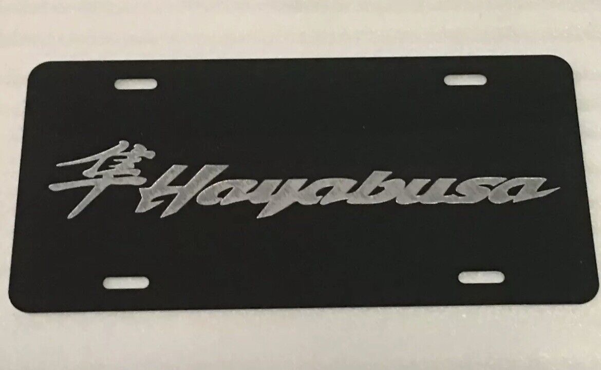 Hayabusa Logo Car Tag Diamond Etched on Black Aluminum License Plate