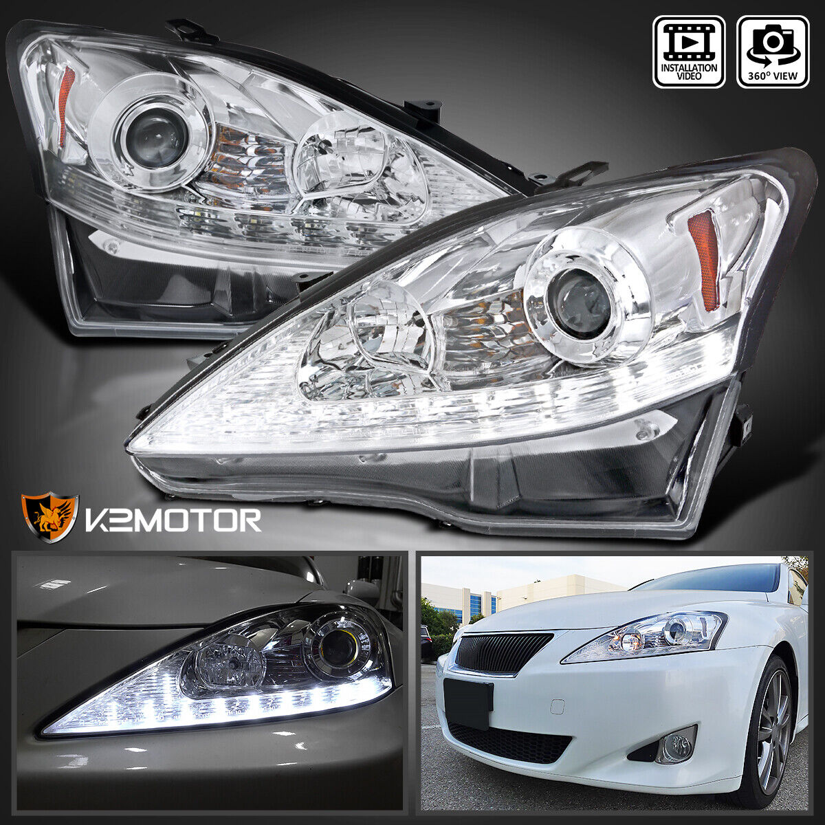 Fits 2006-2010 Lexus IS250 IS350 LED Strip Projector Headlights Lamps Left+Right