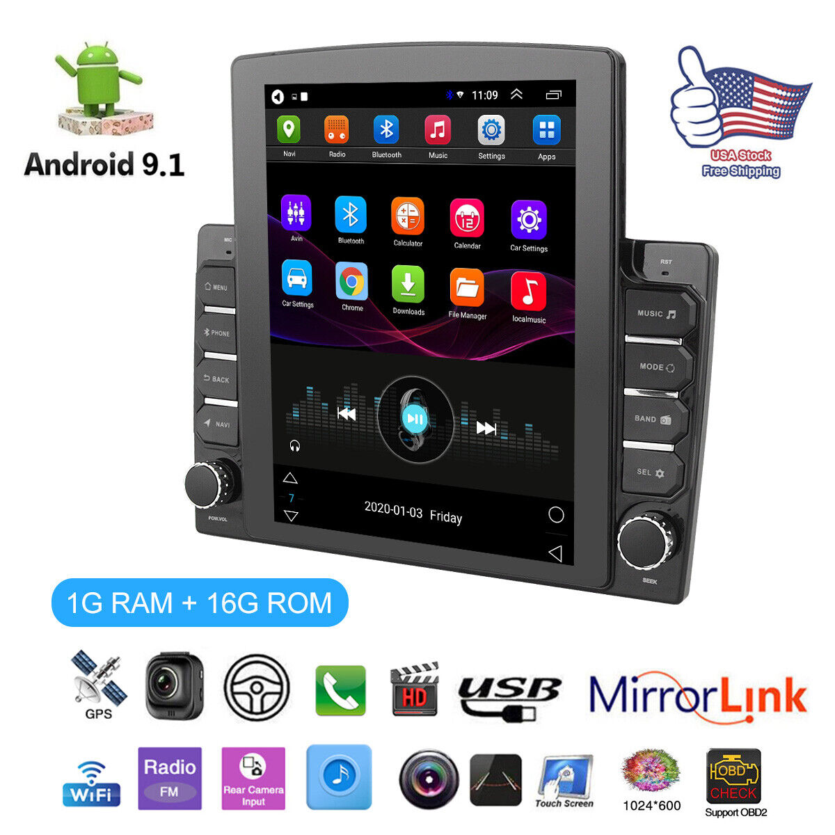 Android 9.1 Car Stereo GPS Navigation Radio Player 2Din WIFI  Hotspot 1+16G 9.7\