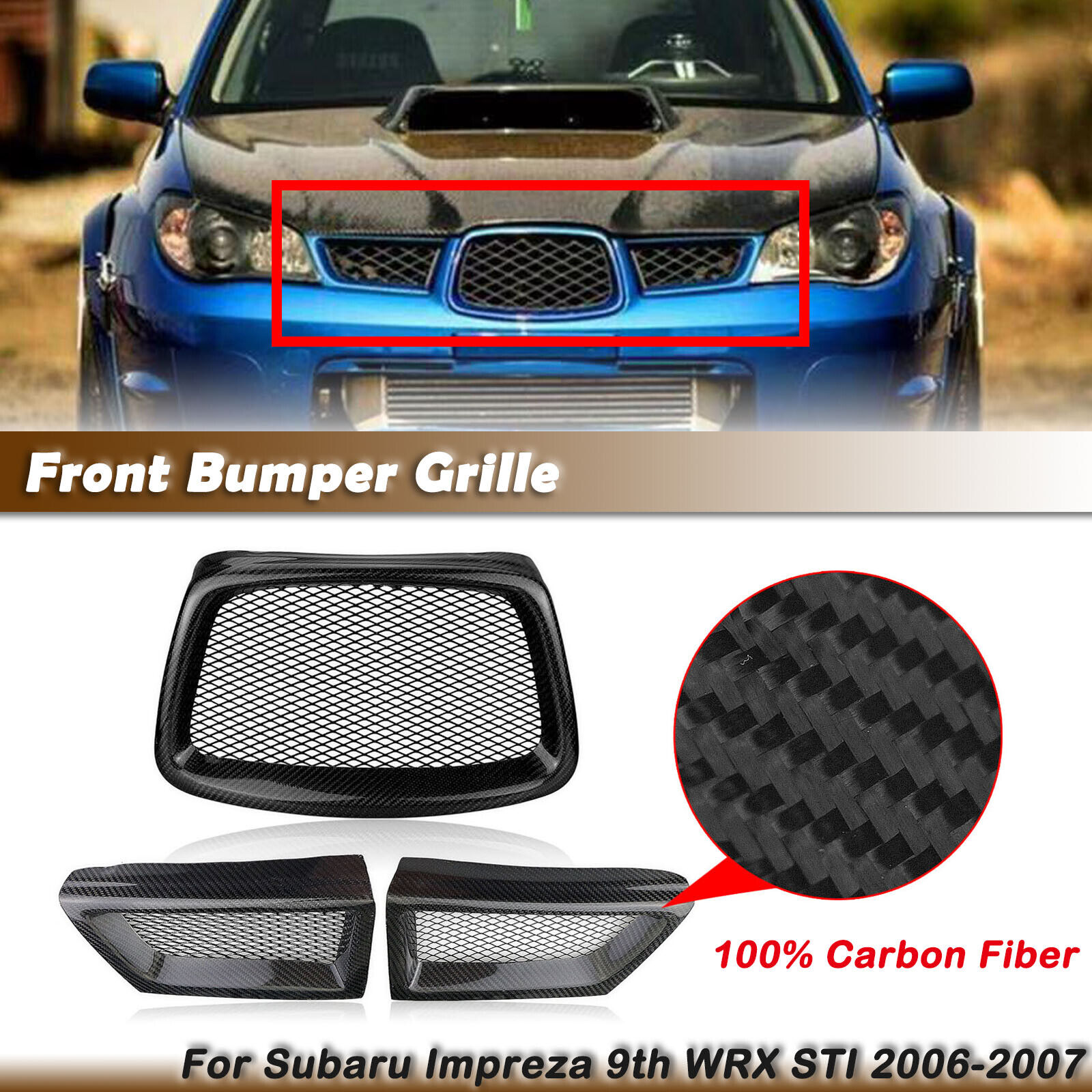 Carbon Fiber Front Upper Grill Grille For Subaru Impreza 9th WRX STI 2006-2007