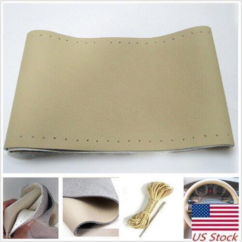 Genuine Leather Auto Car Steering Wheel Cover With Needles and Thread Beige US