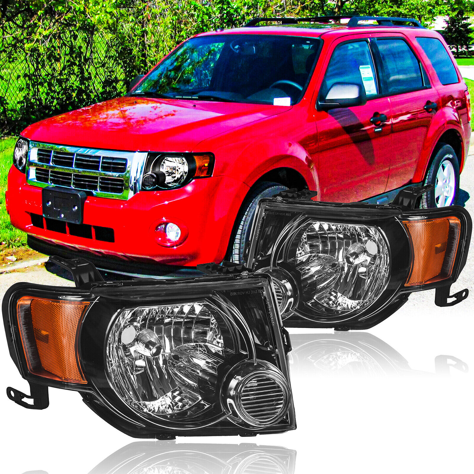 For 2008-2012 Ford Escape Black Headlights Headlamps Assembly Pair With Bulbs
